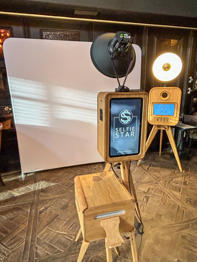 Luxury Oak Vintage Photo Booth by Selfie Star at Manor House Lindley Wedding Showcase, featuring elegant design and modern technology, set against a stylish backdrop.